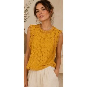 Maeve Anthropologie Eyelet Ruffle Sleeveless Top Mustard Yellow 4 cottage boho
